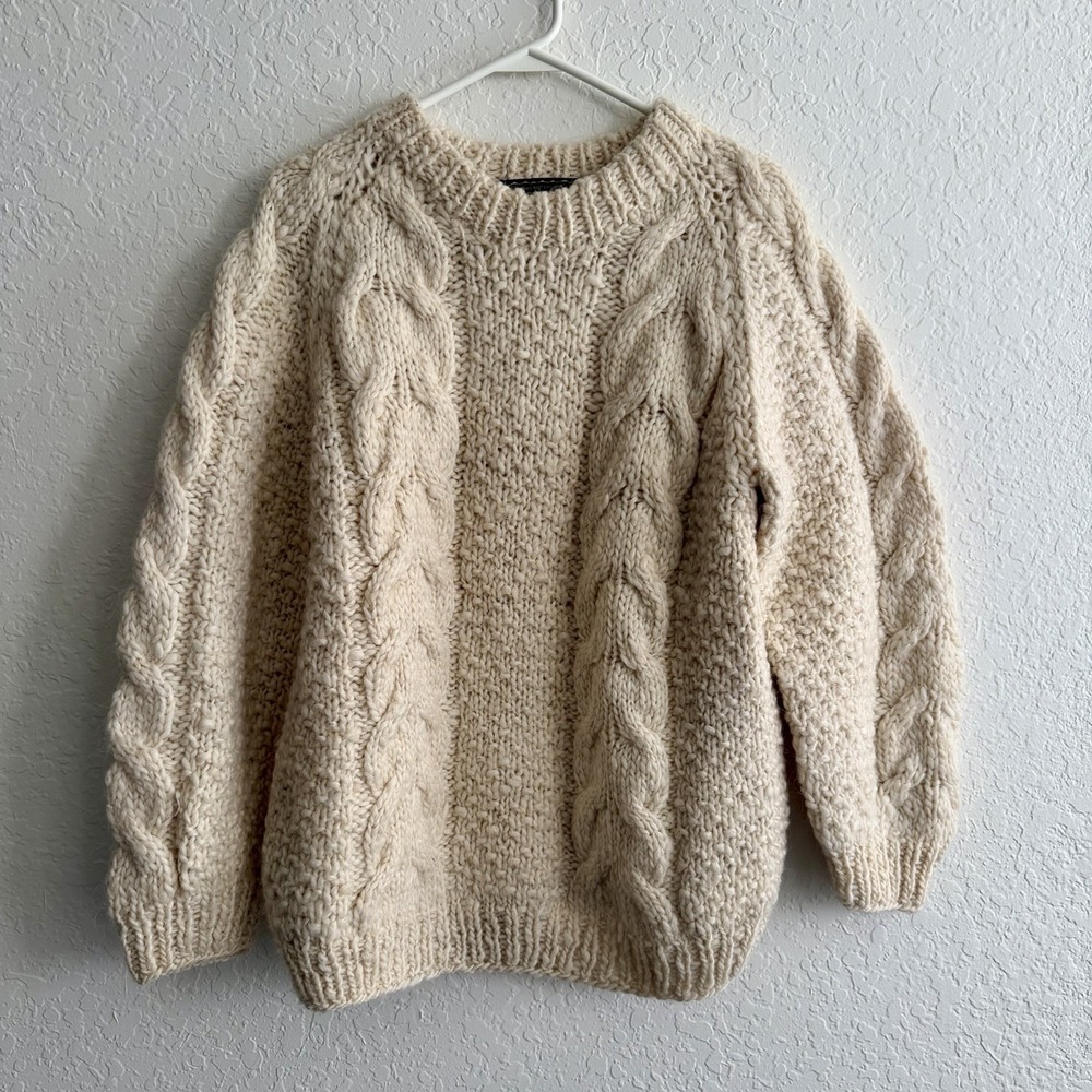 Vtg Wool Fisherman Sweater Knit Chunky Ivory Cable Knit Cream Handmade Pullover